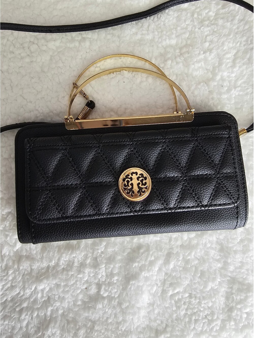 Black diamond-quilted faux leather crossbody wallet